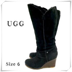 Ugg Suede Sheepskin Knee High Wedge Boot In Black